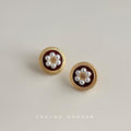 Gold Wine Red Pearl Flower Round Stud Earrings Pair view 4