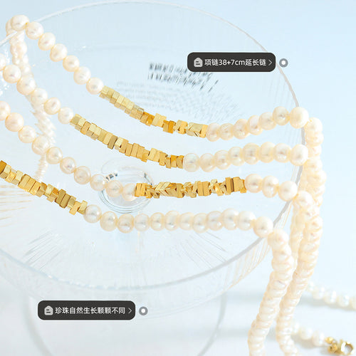 Pearl strands gold square beads on glass dish length tags