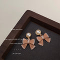 Gold Pearl Pink Bow Drop Stud Earrings Crystal Edge Pair view 2