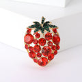 Gold Tone Red Crystal Strawberry Brooch With Green Leaf Top view 1