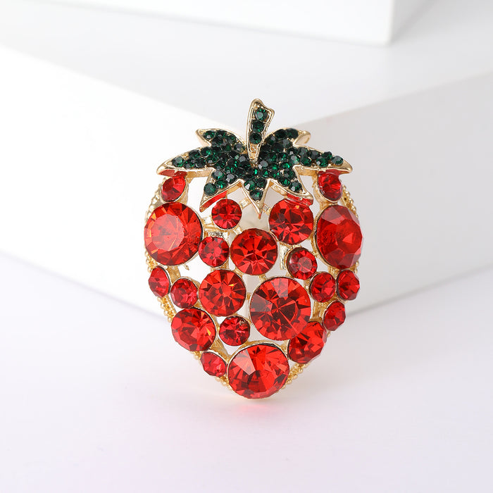 Gold Tone Red Crystal Strawberry Brooch With Green Leaf Top