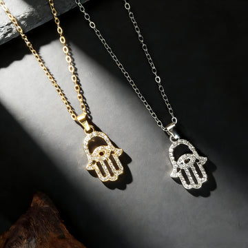 Rhinestone Hamsa Hand Pendant Necklaces in Gold and Silver Tone