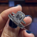 Silver Tone Emerald Cut Halo Crystal Ring Set Fashion Jewelry view 3