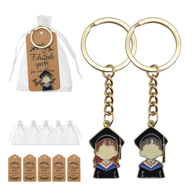 Boy and girl grad portrait keychains with bags and kraft tags
