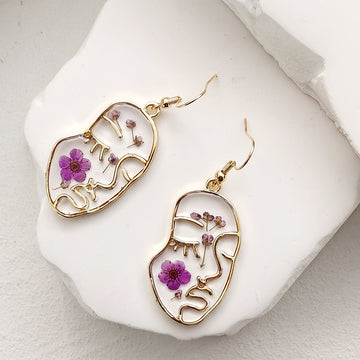 Gold Face Outline Purple Pressed Flower Resin Drop Earrings
