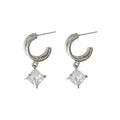 Silver Double Layer Hoop Square Zircon Drop Earrings Pair view 5