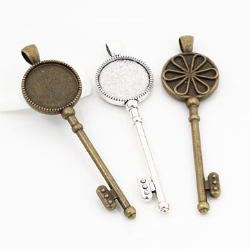 Long Key Shaped Round Pendant Bezel Settings in Two Finishes