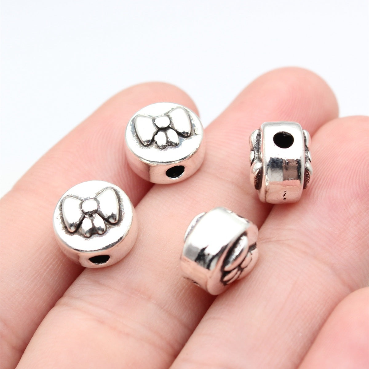 10x10x7.8mm 2.7g Antique Silver Zinc Alloy Bow Pattern Round Spacer Butterfly Double Sided Beads for DIY Bracelet Jewelr