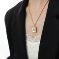 Gold Rectangular Shell Pendant Necklace Clear Center Stone Chain view 6