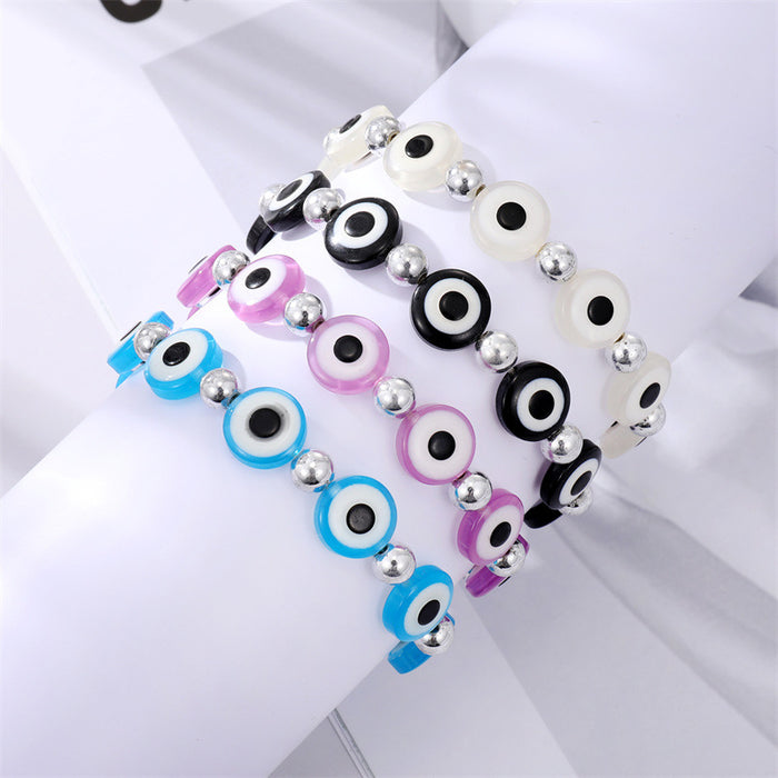 Silver Tone Round Evil Eye Beaded Stretch Bracelets