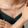 Gold Asymmetric Pearl Paperclip Heart Drop Y Necklace view 1