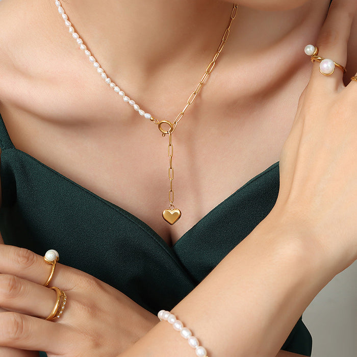 Gold Asymmetric Pearl Paperclip Heart Drop Y Necklace