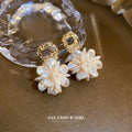 Ivory Acrylic Flower Cluster Drop Earrings with Polished Metal Accents view 2