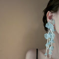 Sheer Leaf and Beaded Tassel Earrings in White and Blue view 4