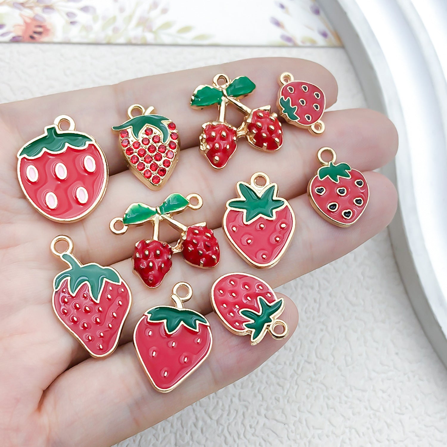 Enamel Zinc Alloy Red Strawberry Fruit Charm Pendant for Earrings Bracelets and Necklaces