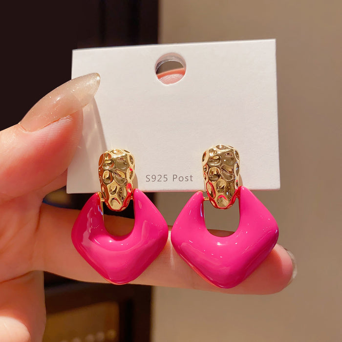 Fuchsia Open Diamond Drop Earrings With Gold Tone Studs