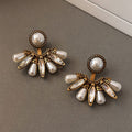 Antique Gold Tone Fan and Faux Pearl Stud Earrings view 2