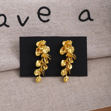 Gold Tone Leaf and Flower Cascade Long Stud Earrings