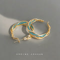 Gold Tone Aqua Enamel Twisted Multi Strand Hoop Earrings view 4