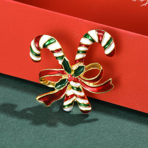 Holiday Striped Enamel Candy Cane Bow Brooch, Gold-Tone Alloy