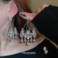 Silver Tone Crystal Floral Chandelier Earrings With Beaded Fringe view 2