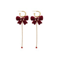 Flocked Bow Chain Tassel Earrings In Burgundy And Black view 5