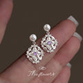 Silver Pearl Stud Filigree Drop Earrings With Purple Center view 1