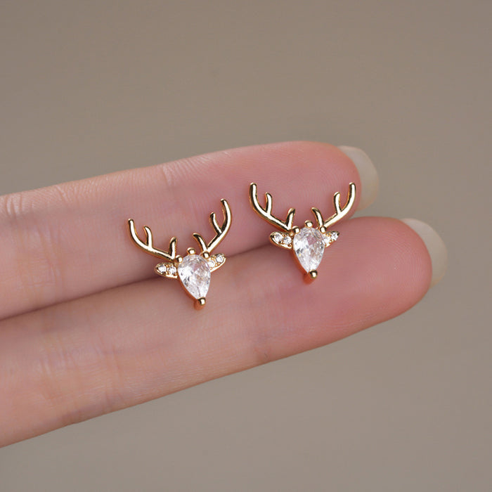 Crystal Reindeer Head Stud Earrings in Gold or Silver Tone