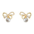 Gold-Tone Pavé Bow Pearl and Baguette CZ Stud Earrings view 5