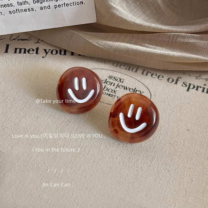 Brown Amber Acrylic Round Smiley Face Stud Earrings Pair