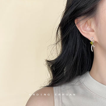 Gold Tone Green Stone Bow Stud Earrings Clear Pavé Accents