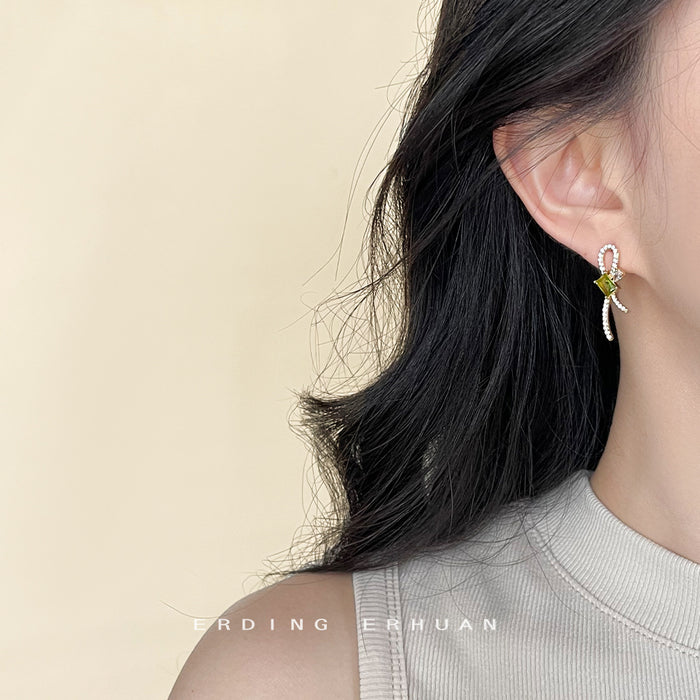 Gold Tone Green Stone Bow Stud Earrings Clear Pavé Accents