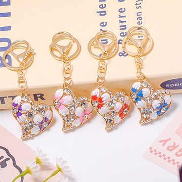 Enamel Flower Heart Keychain Rhinestone Metal Charm