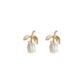 Gold Leaf Stem Stud Earrings With White Pearl Flower Buds view 5