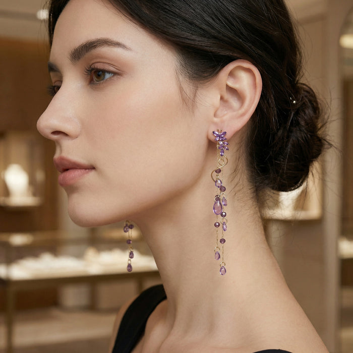 Purple Floral Vine Gold Tone Long Dangle Stud Earrings