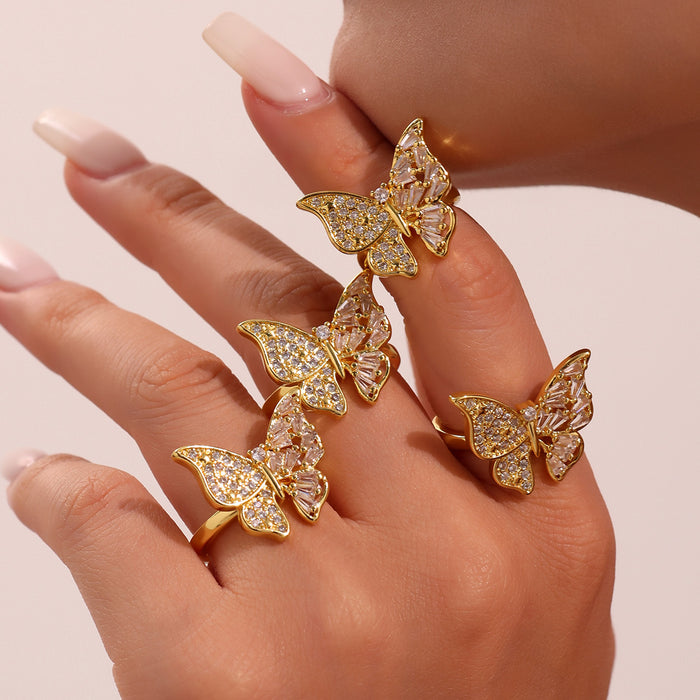 Gold Copper Open Butterfly Ring Pave and Baguette Zircon
