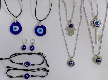 Blue Evil Eye Nine-Piece Necklace, Earring and Cord Bracelet Set