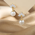 Snowflake Crystal Pearl Drop Stud Earrings in Two Tones view 6