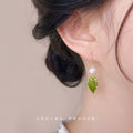 Gold Hook Green Enamel Leaf Pearl Drop Earrings Pair view 2