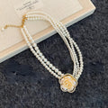 Layered White Pearl Look Necklace with Cream Rose Centerpiece view 6