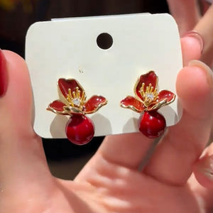 Floral Stud Earrings with Pearl Drops in Brown or Red