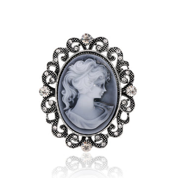 Blue Silver Tone Woman Portrait Crystal Two Designs Metal Brooch Pin