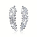 Pave Cubic Zirconia Feather Stud Earrings, Brass, Three Tones view 5