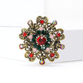 Antique Gold Openwork Floral Brooch Red Green Crystals view 2