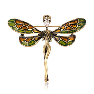 Front product view of the angel wing brooch pin in gold and green