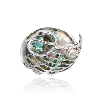 Silver Abalone Shell Swan Brooch Openwork Wing Rhinestones