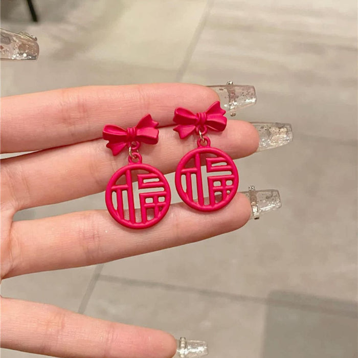 Red Bow And Fu Character Drop Earrings Statement Jewelry