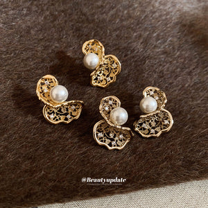 Gold Tone Openwork Pearl Earrings in Two Curled Designs