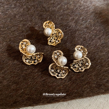 Gold Tone Openwork Pearl Earrings in Two Curled Designs
