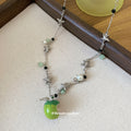 Green Apple and Star Silver Tone Beaded Necklace Statement Jewelry Design view 2